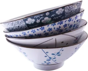 Japanese Ramen Bowl Set of 4 Large Soup Bowls, 7.5 Inch, White and Blue