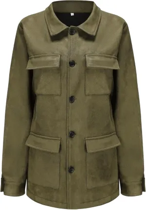 JEShifangjiusu Men'S Faux Suede Bomber Jacket Lightweight Buttons Leather Jackets Vintage Casual Solid Color Trucker Jacket