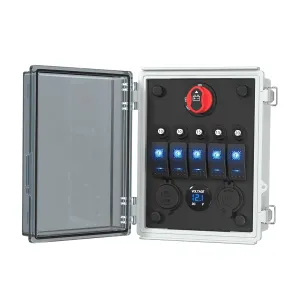 Joinfworld Rocker Switch Marine 12V Toggle Switch Panel Box 5 Gang Waterproof LED Lighted with Breaker USB Charger LED Voltmeter for Boat Automotive Car