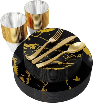 JOLLY PARTY 180PCS Disposable Dinnerware Set 30 Guest, 60 Black and Gold Plastic Plates, 30 Silverware, 30 Plastic Cups, Marble Design Dinnerware for Halloween, Wedding and Parties