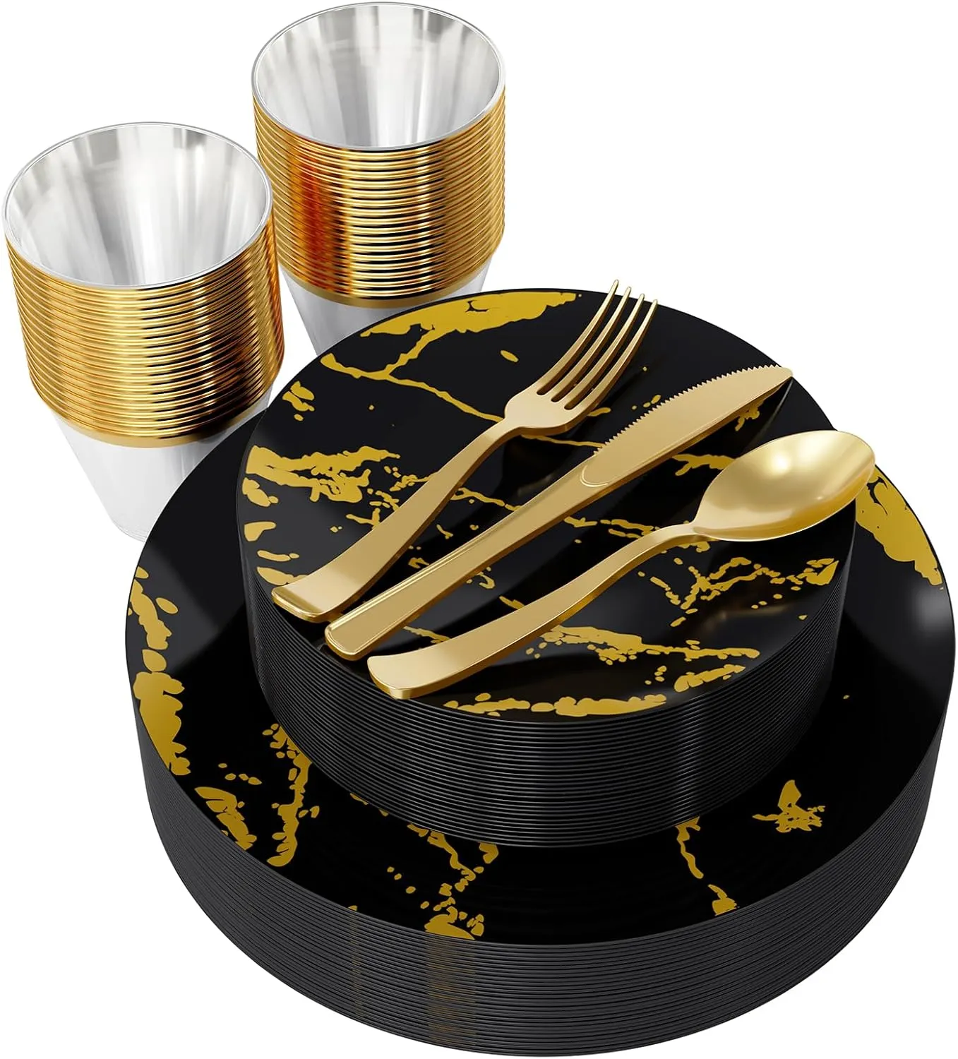 JOLLY PARTY 180PCS Disposable Dinnerware Set 30 Guest, 60 Black and Gold Plastic Plates, 30 Silverware, 30 Plastic Cups, Marble Design Dinnerware for Halloween, Wedding and Parties