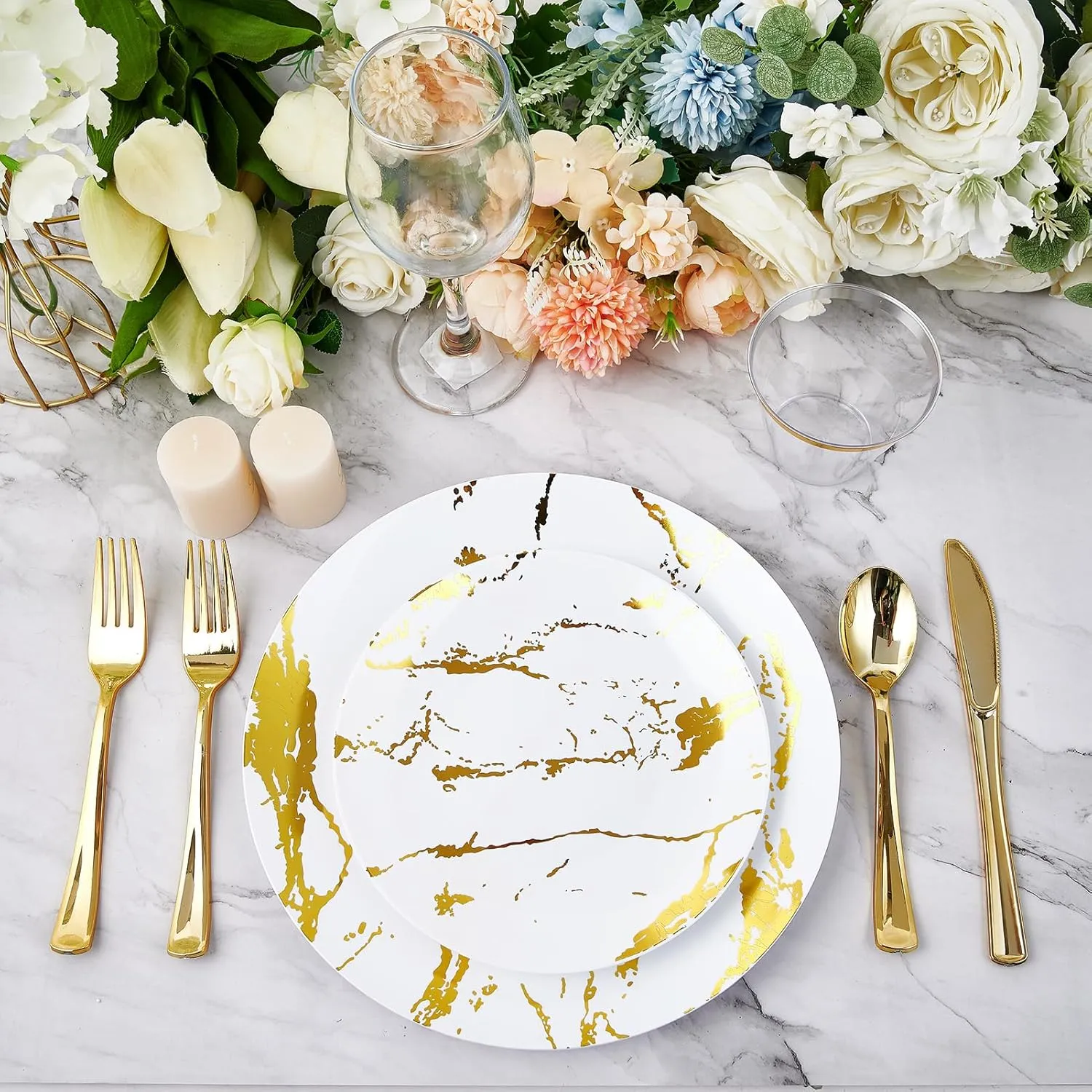 JOLLY PARTY 180PCS Disposable Dinnerware Set 30 Guest, 60 White and Gold Plastic Plates, 30 Plastic Silverware, 30 Cups, Marble Design Disposable Dinnerware for Wedding and Parties