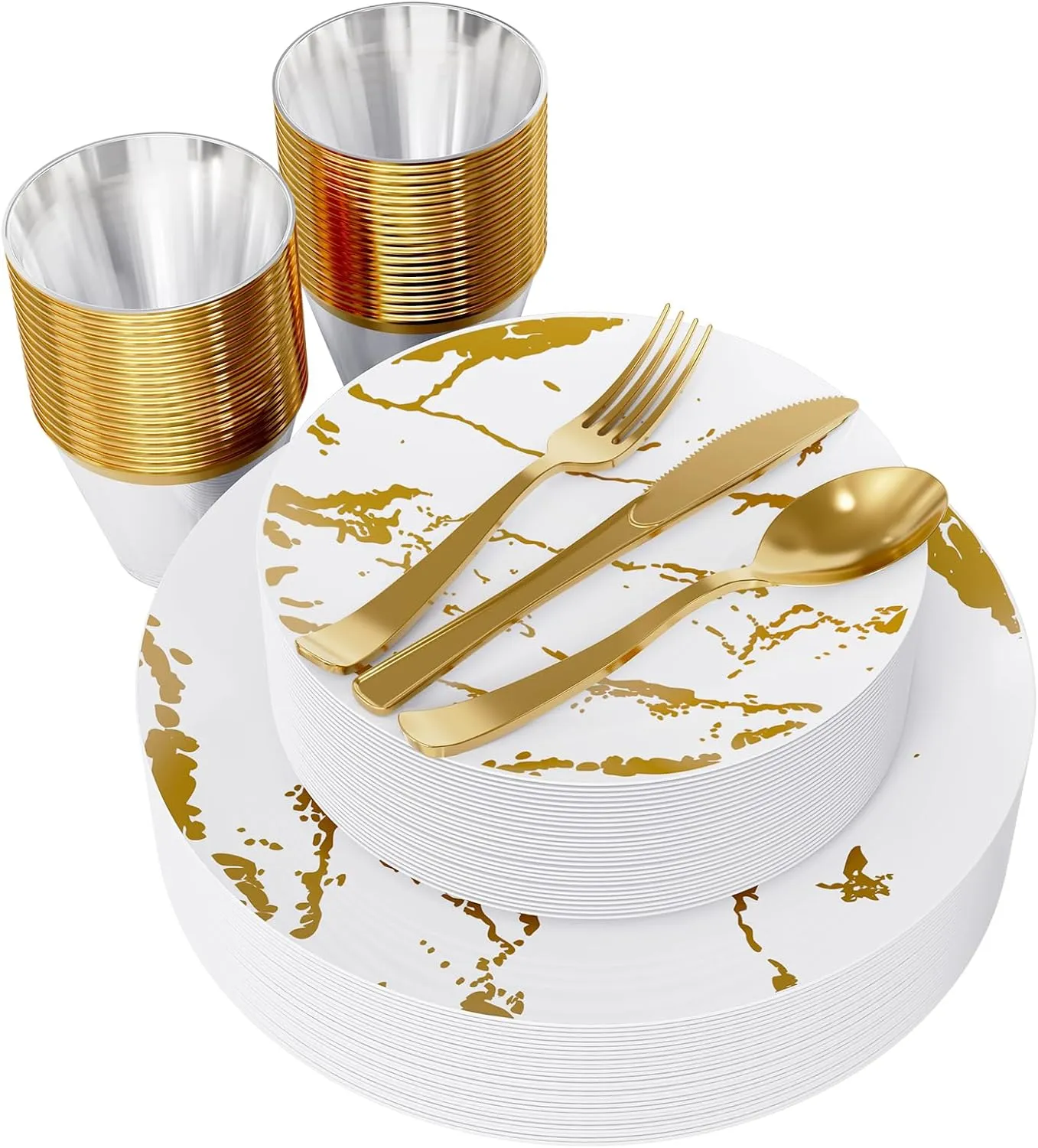 JOLLY PARTY 180PCS Disposable Dinnerware Set 30 Guest, 60 White and Gold Plastic Plates, 30 Plastic Silverware, 30 Cups, Marble Design Disposable Dinnerware for Wedding and Parties