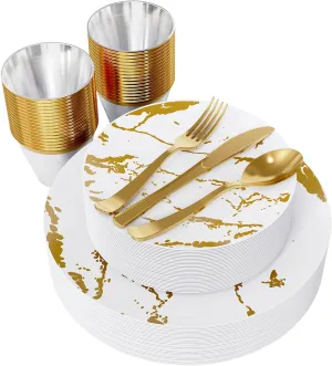 JOLLY PARTY 180PCS Disposable Dinnerware Set 30 Guest, 60 White and Gold Plastic Plates, 30 Plastic Silverware, 30 Cups, Marble Design Disposable Dinnerware for Wedding and Parties