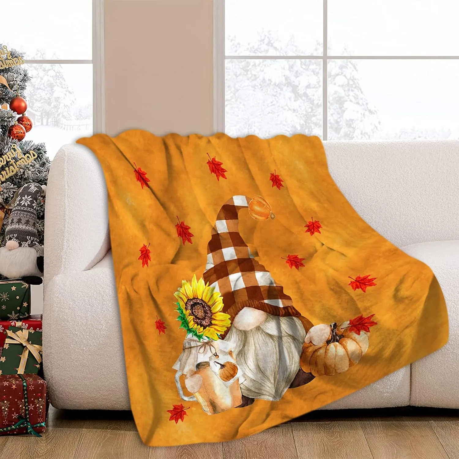 JOOCAR Flannel Throw Blanket Fall Maple Leaf Cartoon Autumn Gnome Orange Cozy Soft Plush Blankets for Bed Couch Living Room Sofa Chair, 60x80 Inch