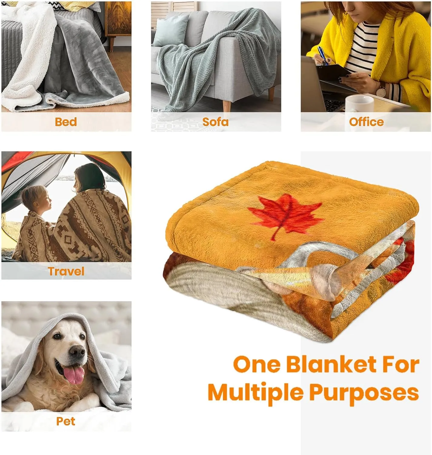 JOOCAR Flannel Throw Blanket Fall Maple Leaf Cartoon Autumn Gnome Orange Cozy Soft Plush Blankets for Bed Couch Living Room Sofa Chair, 60x80 Inch