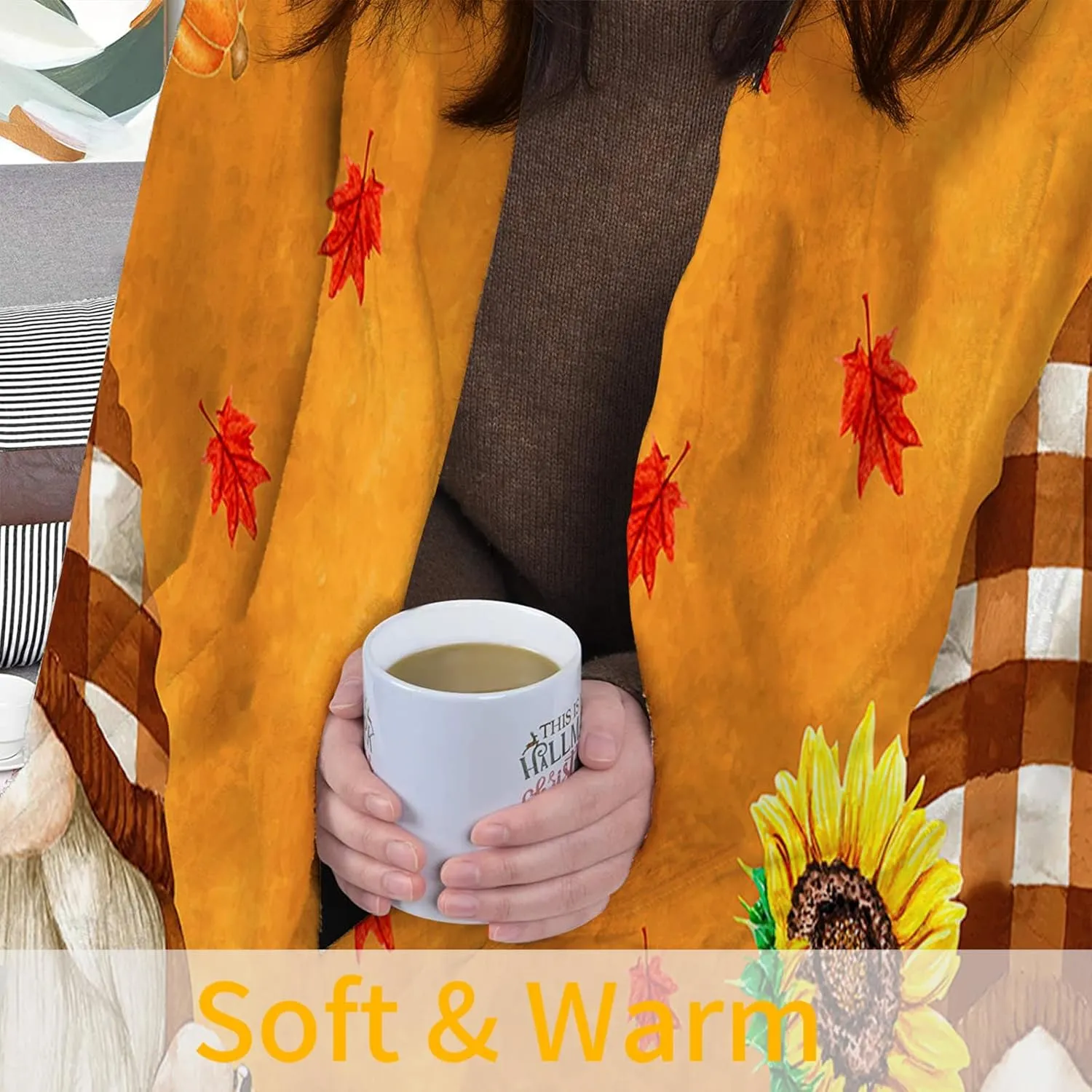 JOOCAR Flannel Throw Blanket Fall Maple Leaf Cartoon Autumn Gnome Orange Cozy Soft Plush Blankets for Bed Couch Living Room Sofa Chair, 60x80 Inch