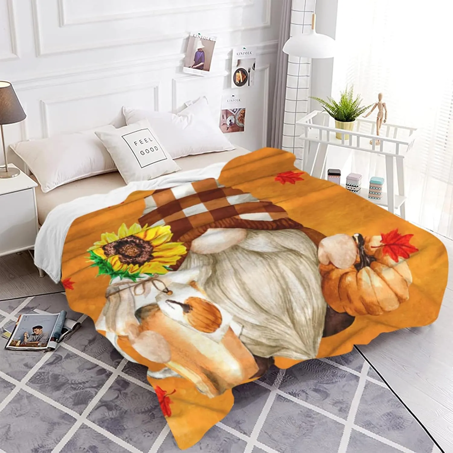 JOOCAR Flannel Throw Blanket Fall Maple Leaf Cartoon Autumn Gnome Orange Cozy Soft Plush Blankets for Bed Couch Living Room Sofa Chair, 60x80 Inch