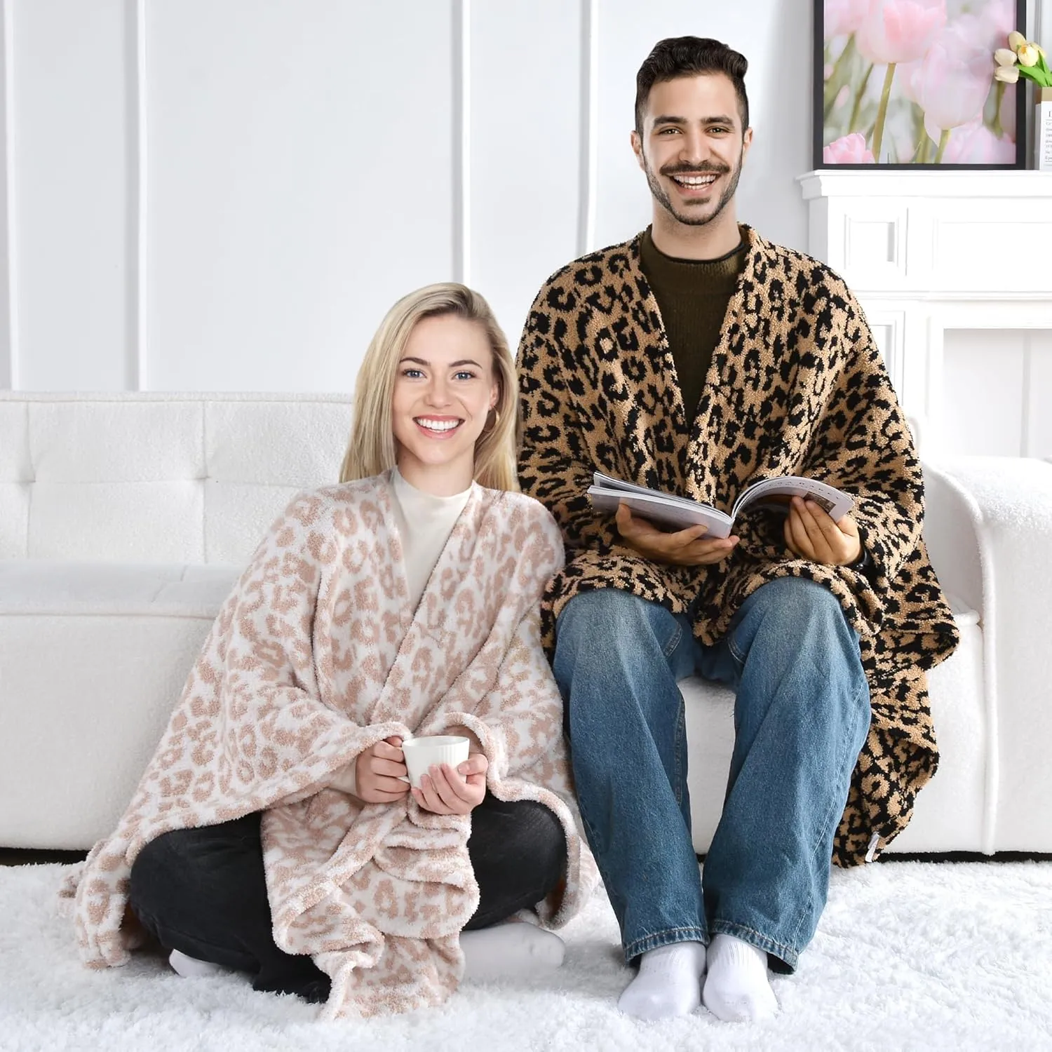 JOOJA Wearable Blanket Super Soft Feather Yarn Blanket Shawl with Pockets Fuzzy Throw Blanket TV Blanket for Adults Teens