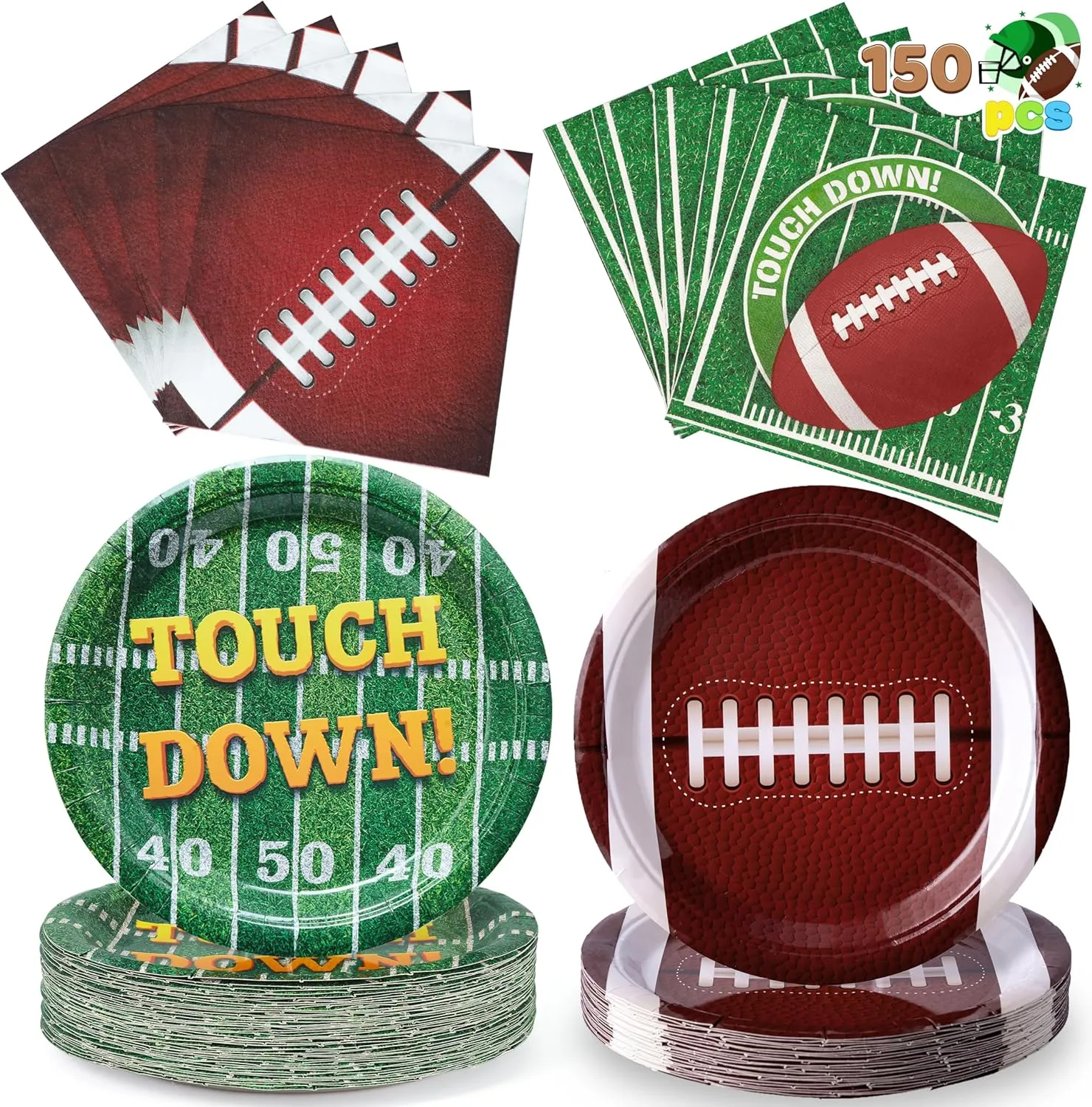 JOYIN 150 Pcs Football Party Tableware Set, Serves 50 People, Brown Football Plates, Napkins and Dessert Plates for Sports Event, Birthday Parties