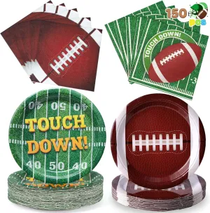 JOYIN 150 Pcs Football Party Tableware Set, Serves 50 People, Brown Football Plates, Napkins and Dessert Plates for Sports Event, Birthday Parties