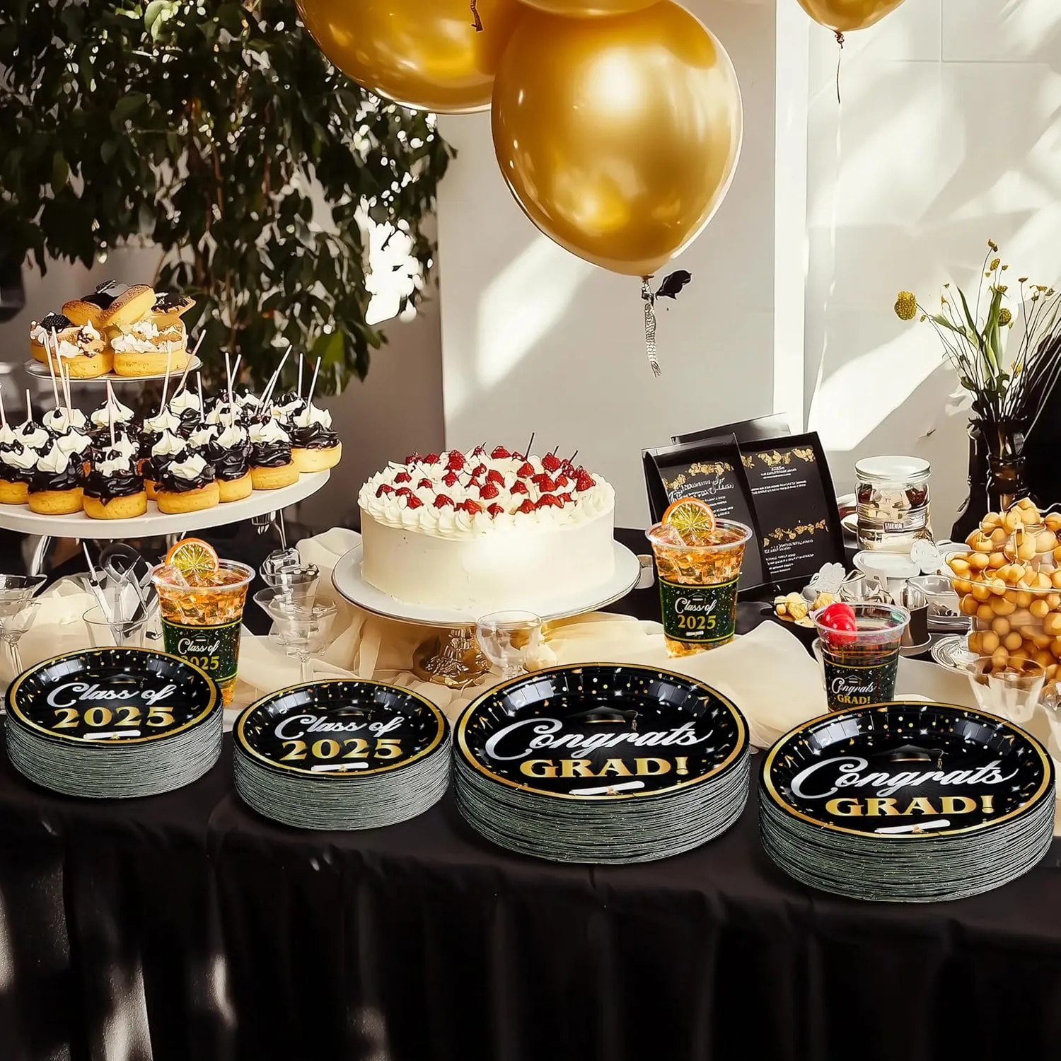 JOYIN 2025 Graduation Party Plates and Napkins Black & Gold Tableware Set Supplies, 200 PCS Graduation Disposable Paper Plates Cocktail Napkins for Congrats Grad Party Decorations, Serve 50