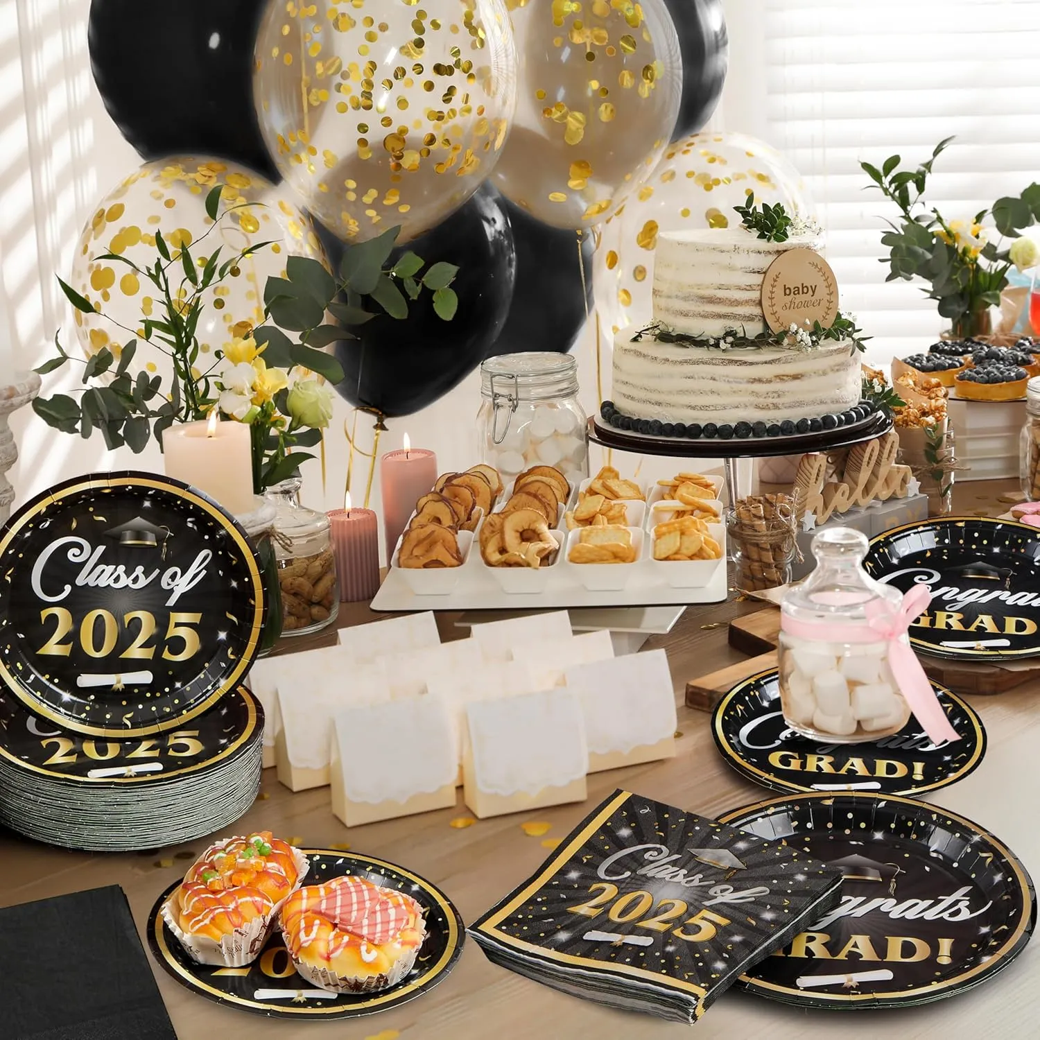 JOYIN 2025 Graduation Party Plates and Napkins Black & Gold Tableware Set Supplies, 200 PCS Graduation Disposable Paper Plates Cocktail Napkins for Congrats Grad Party Decorations, Serve 50