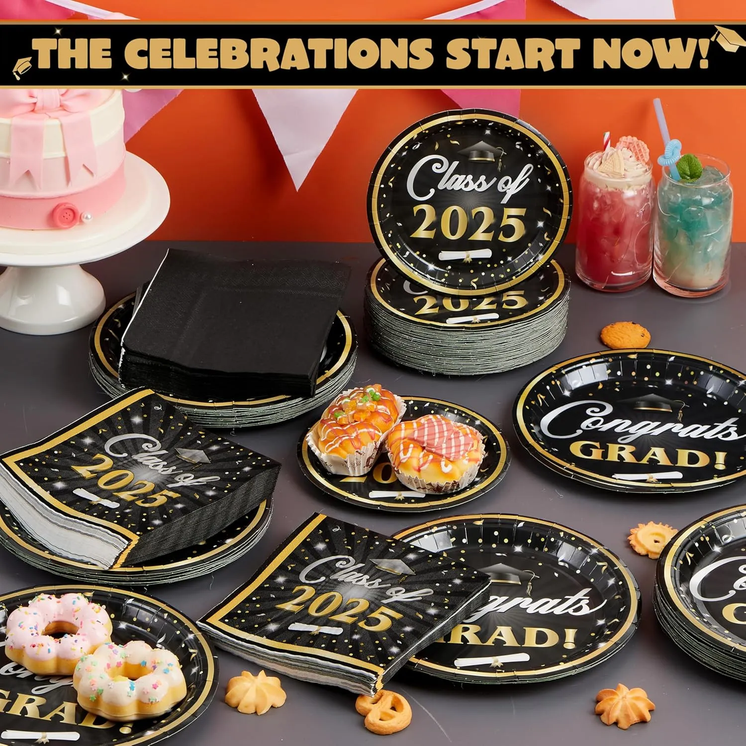 JOYIN 2025 Graduation Party Plates and Napkins Black & Gold Tableware Set Supplies, 200 PCS Graduation Disposable Paper Plates Cocktail Napkins for Congrats Grad Party Decorations, Serve 50