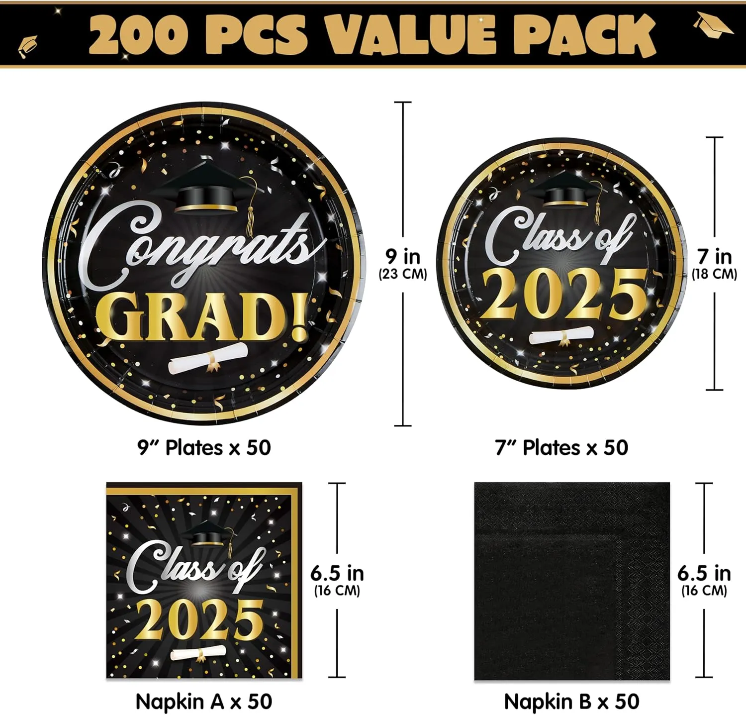 JOYIN 2025 Graduation Party Plates and Napkins Black & Gold Tableware Set Supplies, 200 PCS Graduation Disposable Paper Plates Cocktail Napkins for Congrats Grad Party Decorations, Serve 50