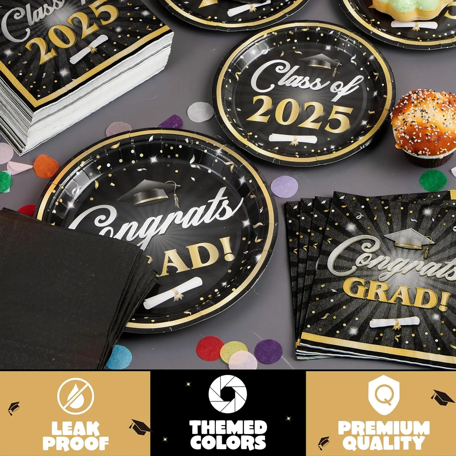 JOYIN 2025 Graduation Party Plates and Napkins Black & Gold Tableware Set Supplies, 200 PCS Graduation Disposable Paper Plates Cocktail Napkins for Congrats Grad Party Decorations, Serve 50