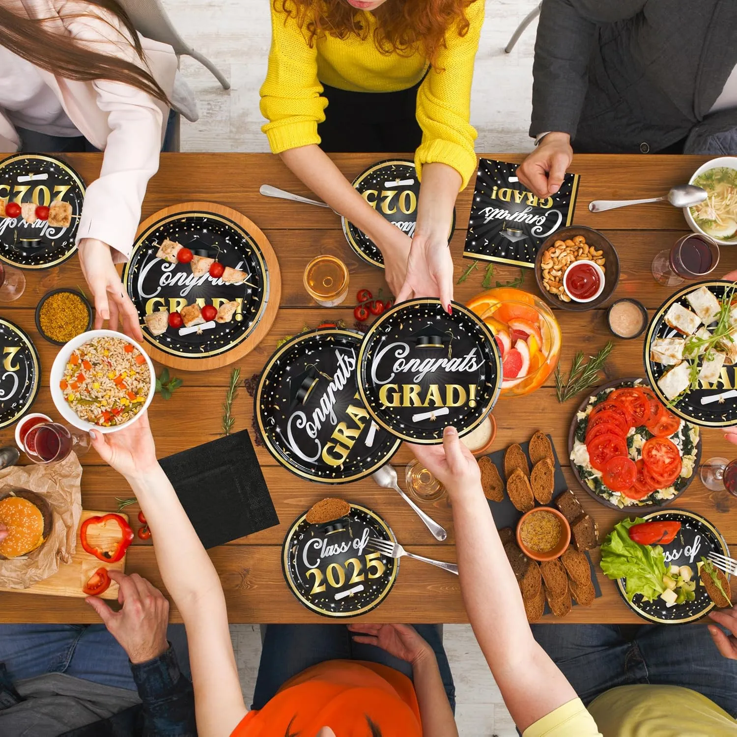 JOYIN 2025 Graduation Party Plates and Napkins Black & Gold Tableware Set Supplies, 200 PCS Graduation Disposable Paper Plates Cocktail Napkins for Congrats Grad Party Decorations, Serve 50