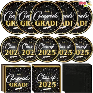JOYIN 2025 Graduation Party Plates and Napkins Black & Gold Tableware Set Supplies, 200 PCS Graduation Disposable Paper Plates Cocktail Napkins for Congrats Grad Party Decorations, Serve 50