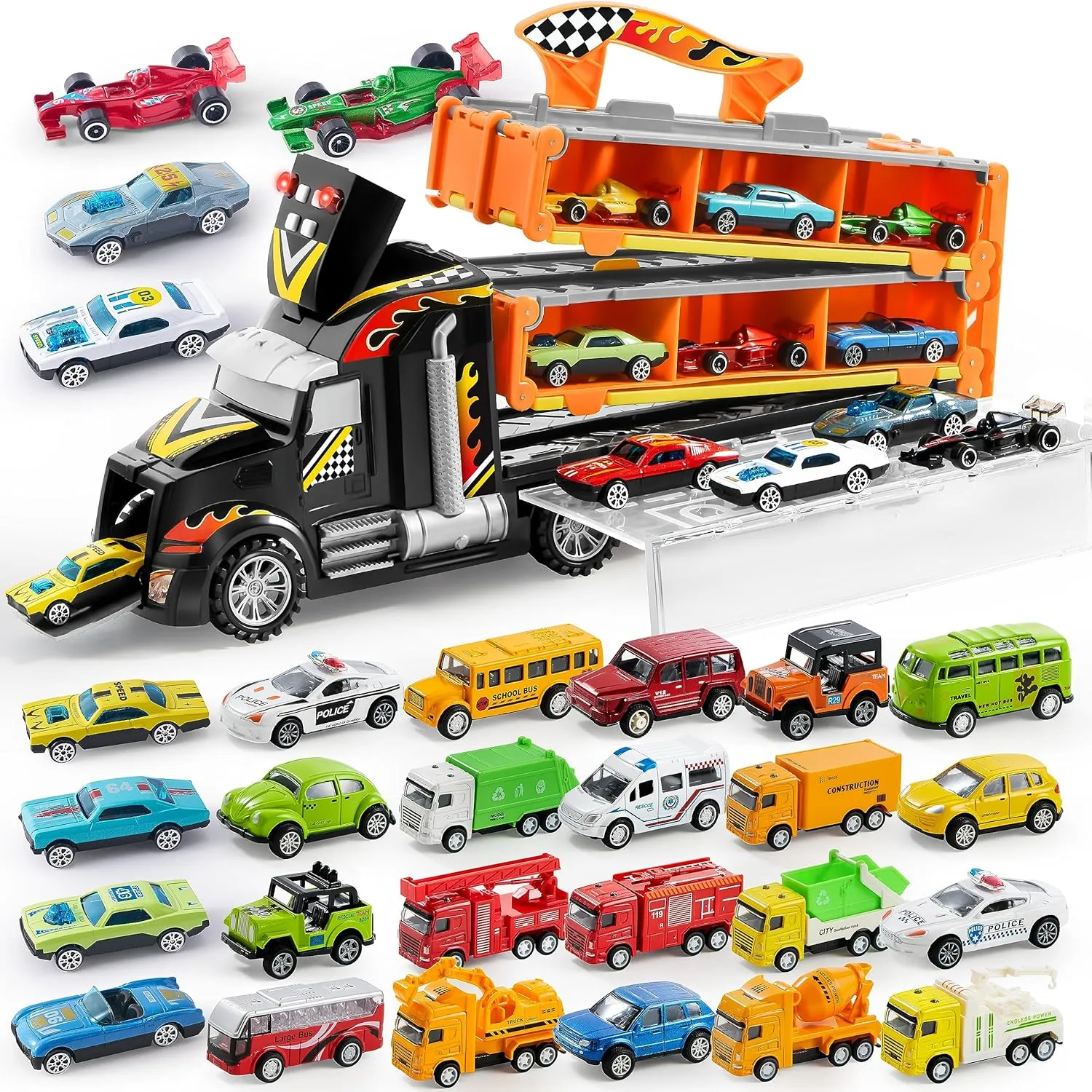 Joyin Carrier Truck Toys with 32pcs Die Cast Cars, Metal Toy Cars, Car Toys Bulk, Vehicle Set for Toddlers, Child Party Favors, Race Cars Toys for Boys