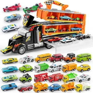 Joyin Carrier Truck Toys with 32pcs Die Cast Cars, Metal Toy Cars, Car Toys Bulk, Vehicle Set for Toddlers, Child Party Favors, Race Cars Toys for Boys