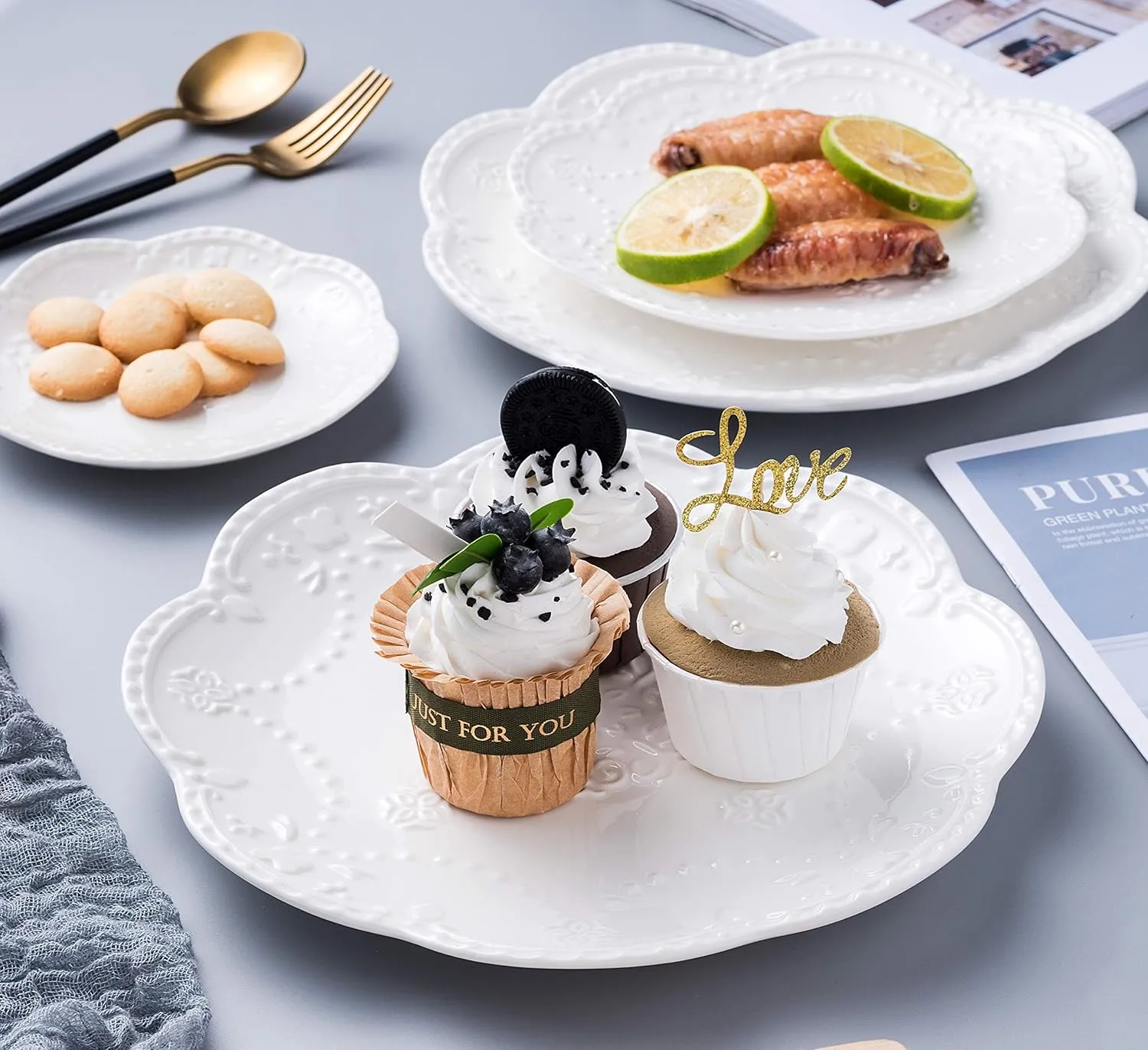 Jusalpha Embossed Lace Porcelain Plate-Dinner Plate Set, Pasta/Salad/Dessert Plate， Tableware Set for Restaurant Family Party Kitchen Use -4 Pieces, FD-PL15 (10 Inche, White)