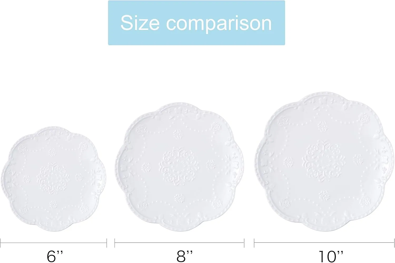 Jusalpha Embossed Lace Porcelain Plate-Dinner Plate Set, Pasta/Salad/Dessert Plate， Tableware Set for Restaurant Family Party Kitchen Use -4 Pieces, FD-PL15 (10 Inche, White)