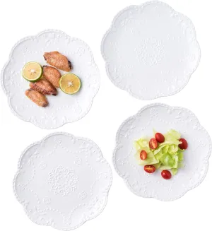 Jusalpha Embossed Lace Porcelain Plate-Dinner Plate Set, Pasta/Salad/Dessert Plate， Tableware Set for Restaurant Family Party Kitchen Use -4 Pieces, FD-PL15 (10 Inche, White)