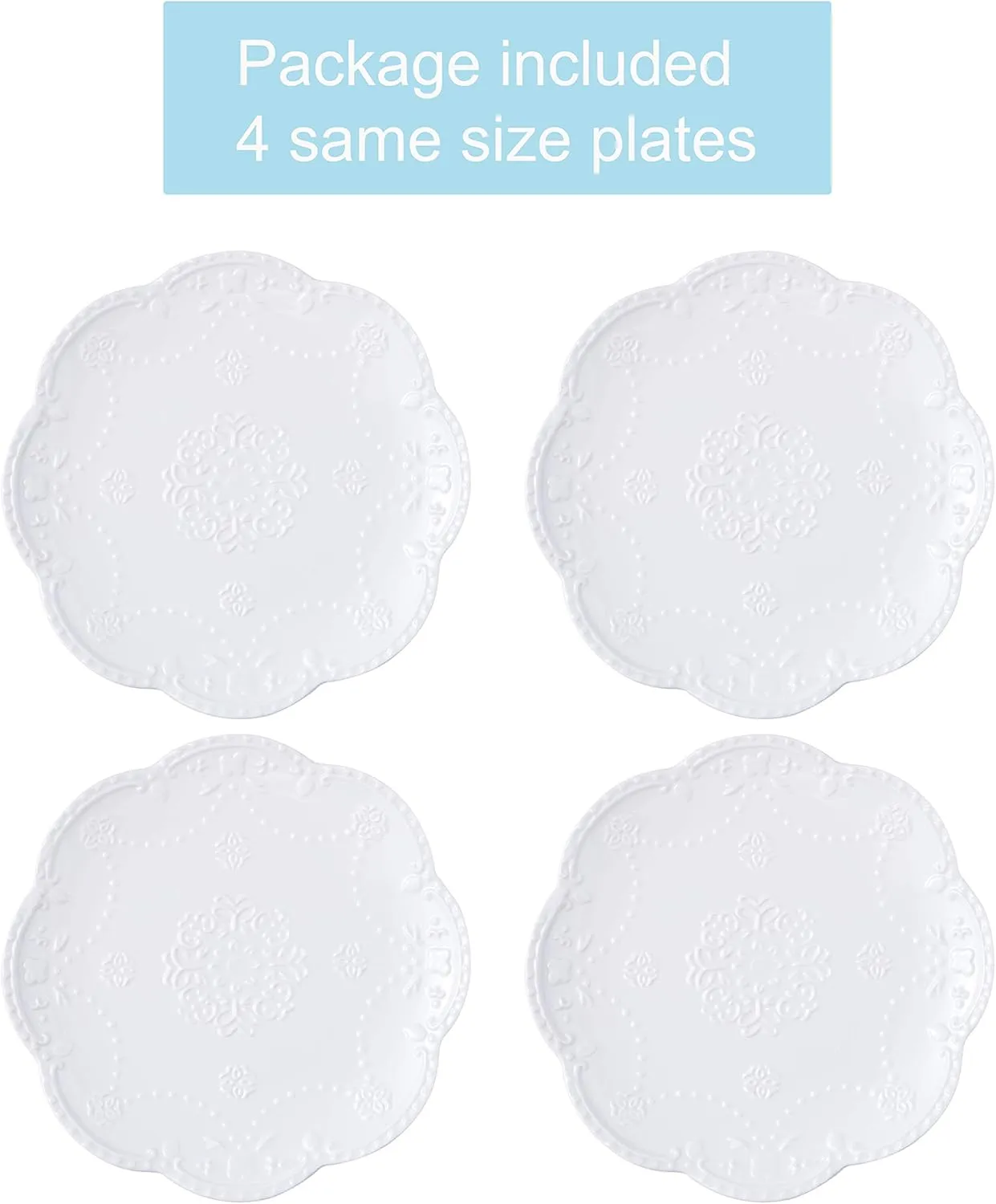 Jusalpha Embossed Lace Porcelain Plate-Dinner Plate Set, Pasta/Salad/Dessert Plate， Tableware Set for Restaurant Family Party Kitchen Use -4 Pieces, FD-PL15 (10 Inche, White)