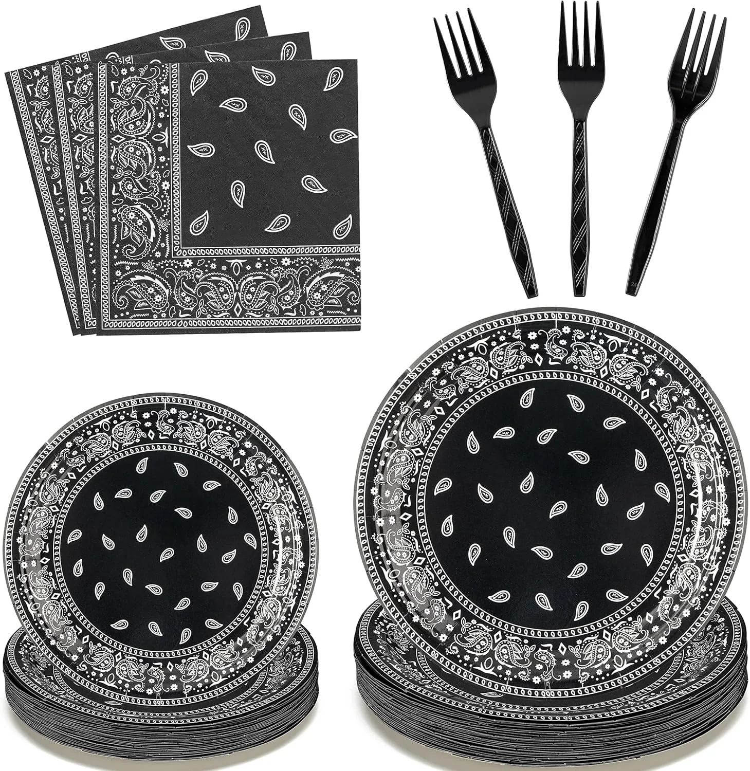 K1tpde 96PCS Cholo Bandana Party Tableware Set, Gangsta Theme Paper Plates, Western Cowboy Birthday Decorations Included Disposable Dinnerware Paper Napkins Forks, Cholo Bnadana Western Party Supplies