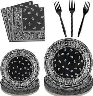K1tpde 96PCS Cholo Bandana Party Tableware Set, Gangsta Theme Paper Plates, Western Cowboy Birthday Decorations Included Disposable Dinnerware Paper Napkins Forks, Cholo Bnadana Western Party Supplies