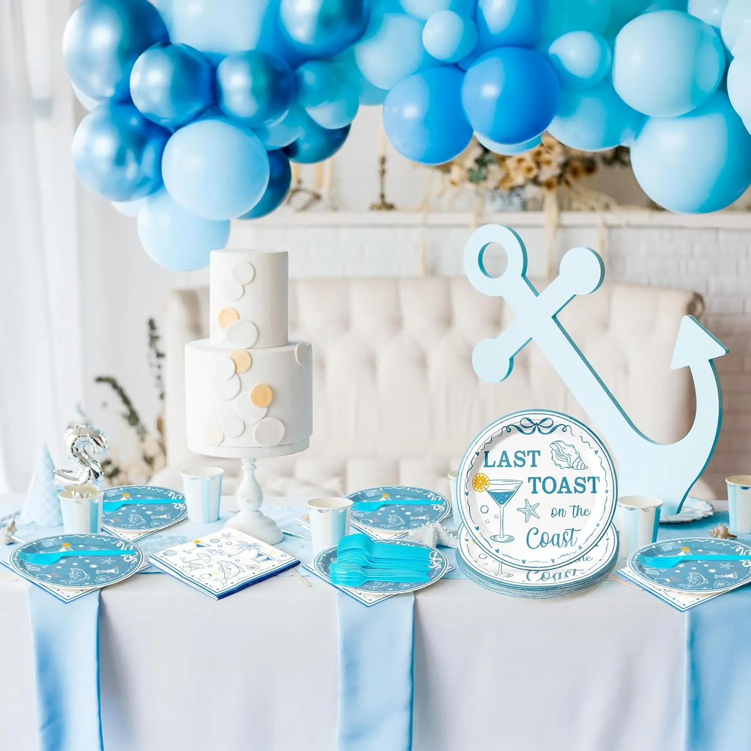 K1tpde 96PCS Last Toast On The Coast Bachelorette Party Tableware Set Included Paper Plates Napkins and Forks, Coastal Blue Bachelorette Party Decoration with Wine Cup Shell Starfish for Bridal Shower