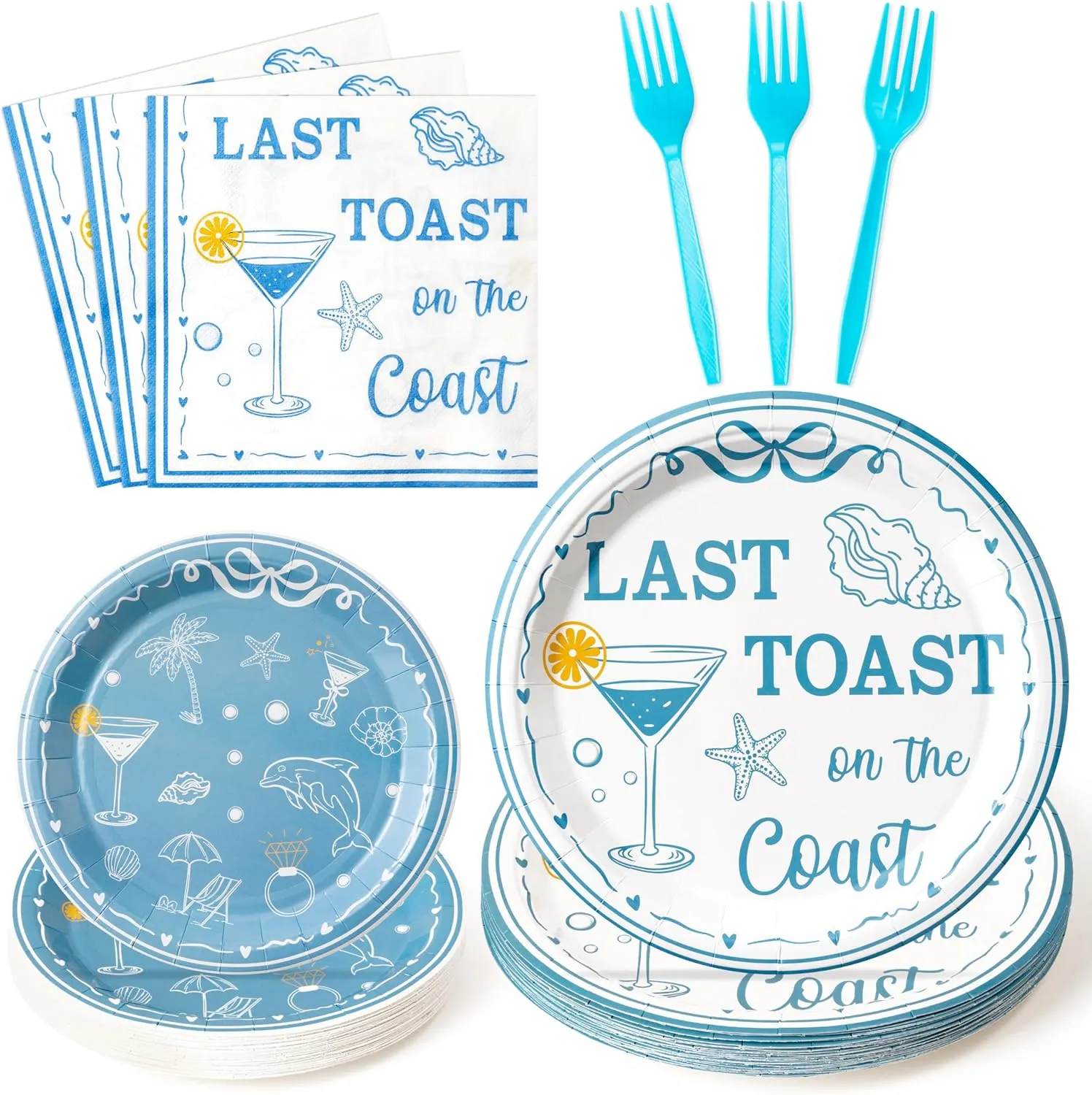 K1tpde 96PCS Last Toast On The Coast Bachelorette Party Tableware Set Included Paper Plates Napkins and Forks, Coastal Blue Bachelorette Party Decoration with Wine Cup Shell Starfish for Bridal Shower
