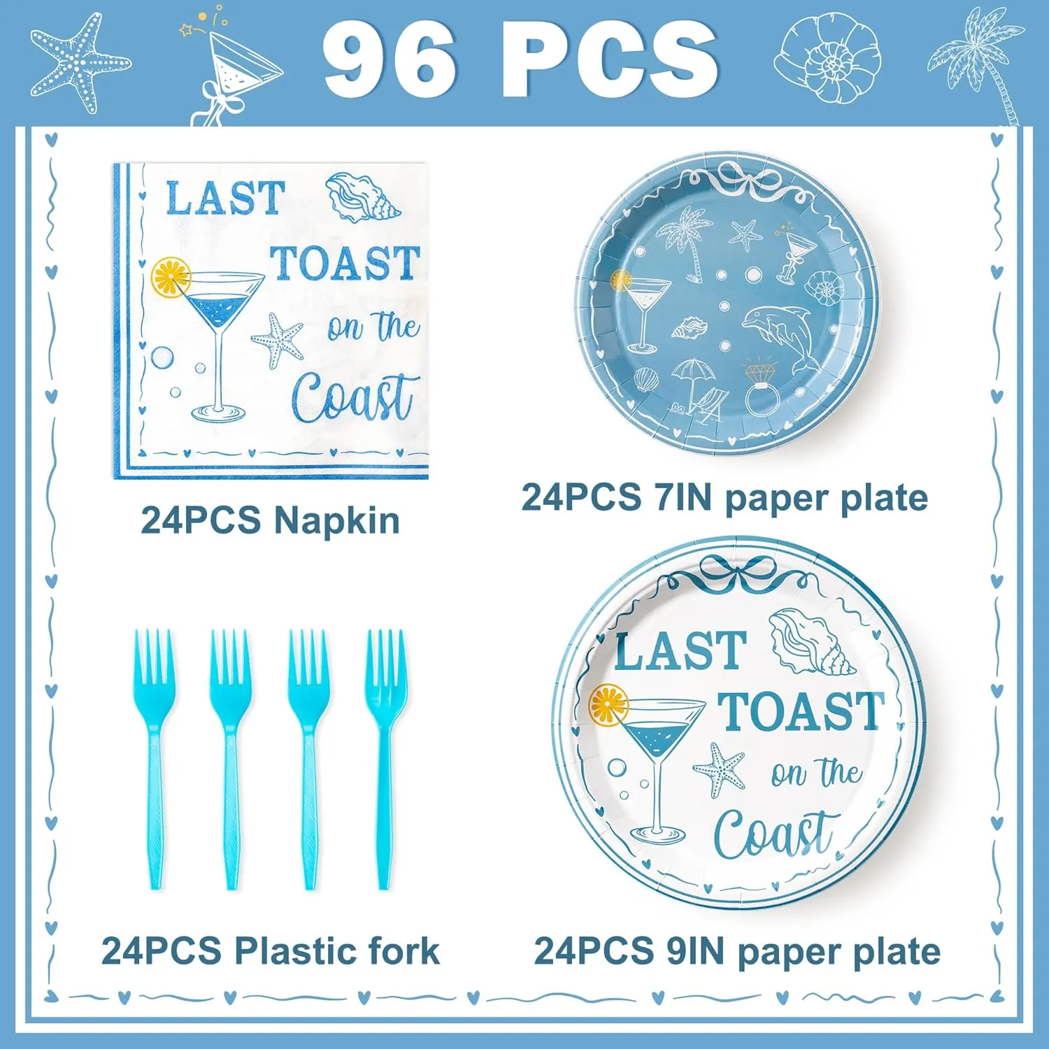 K1tpde 96PCS Last Toast On The Coast Bachelorette Party Tableware Set Included Paper Plates Napkins and Forks, Coastal Blue Bachelorette Party Decoration with Wine Cup Shell Starfish for Bridal Shower
