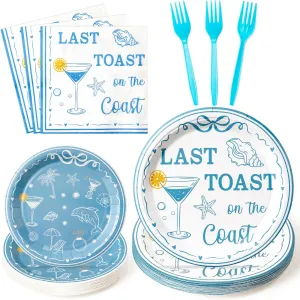 K1tpde 96PCS Last Toast On The Coast Bachelorette Party Tableware Set Included Paper Plates Napkins and Forks, Coastal Blue Bachelorette Party Decoration with Wine Cup Shell Starfish for Bridal Shower