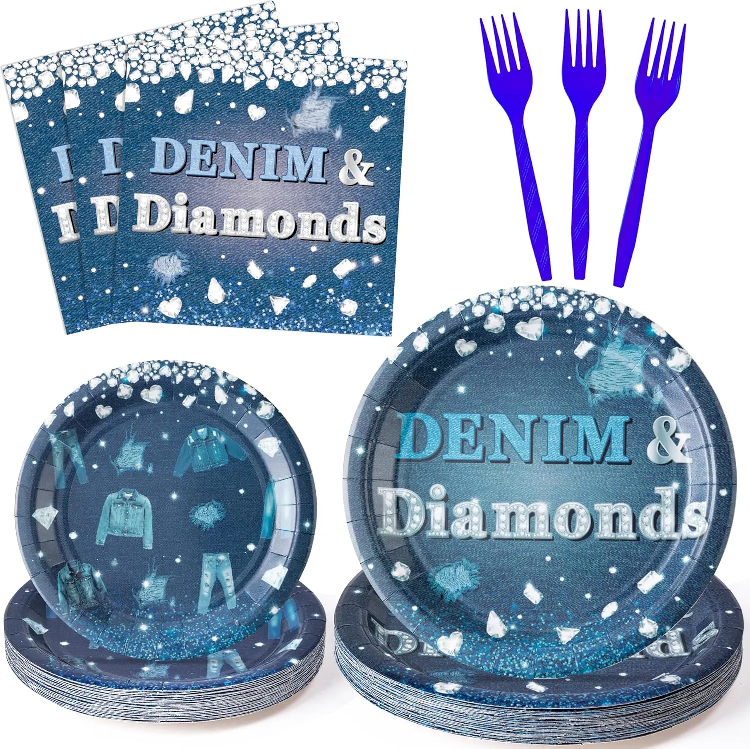 K1tpde Denim and Diamonds Party Tableware - 96PCS Denim Theme Jacket Jeans Tableware Set Included Paper Plates Napkins and Forks, Crystal Birthday Party Supplies for Bachelorette Wedding Decor, 24 Set