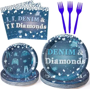 K1tpde Denim and Diamonds Party Tableware - 96PCS Denim Theme Jacket Jeans Tableware Set Included Paper Plates Napkins and Forks, Crystal Birthday Party Supplies for Bachelorette Wedding Decor, 24 Set