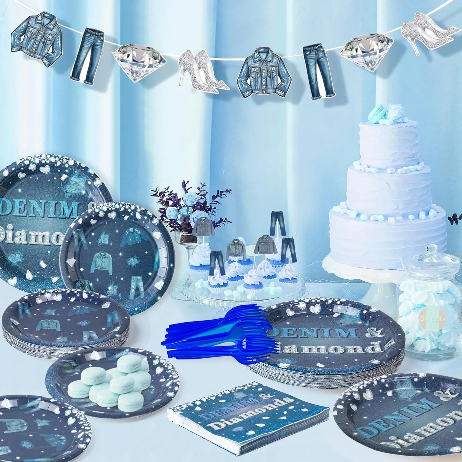 K1tpde Denim and Diamonds Party Tableware - 96PCS Denim Theme Jacket Jeans Tableware Set Included Paper Plates Napkins and Forks, Crystal Birthday Party Supplies for Bachelorette Wedding Decor, 24 Set