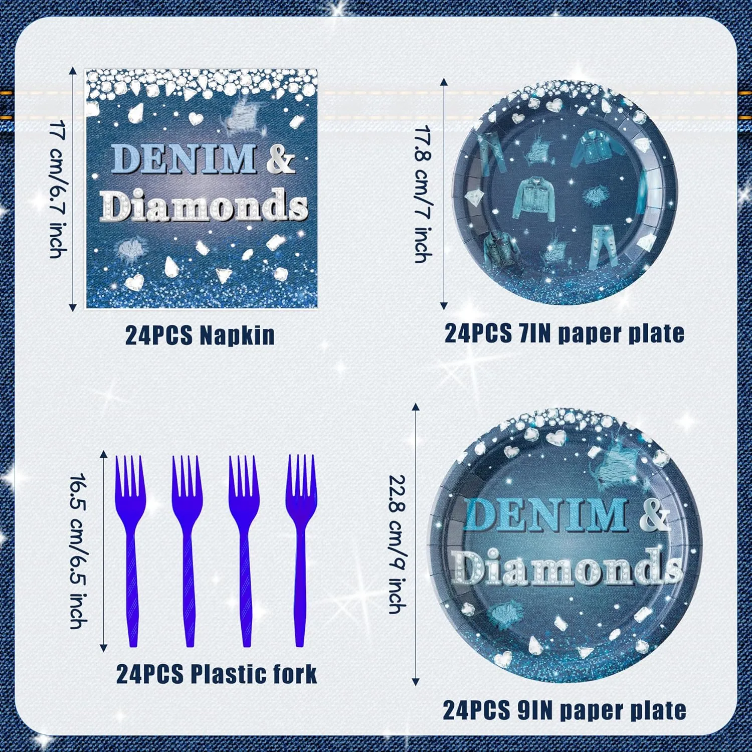 K1tpde Denim and Diamonds Party Tableware - 96PCS Denim Theme Jacket Jeans Tableware Set Included Paper Plates Napkins and Forks, Crystal Birthday Party Supplies for Bachelorette Wedding Decor, 24 Set
