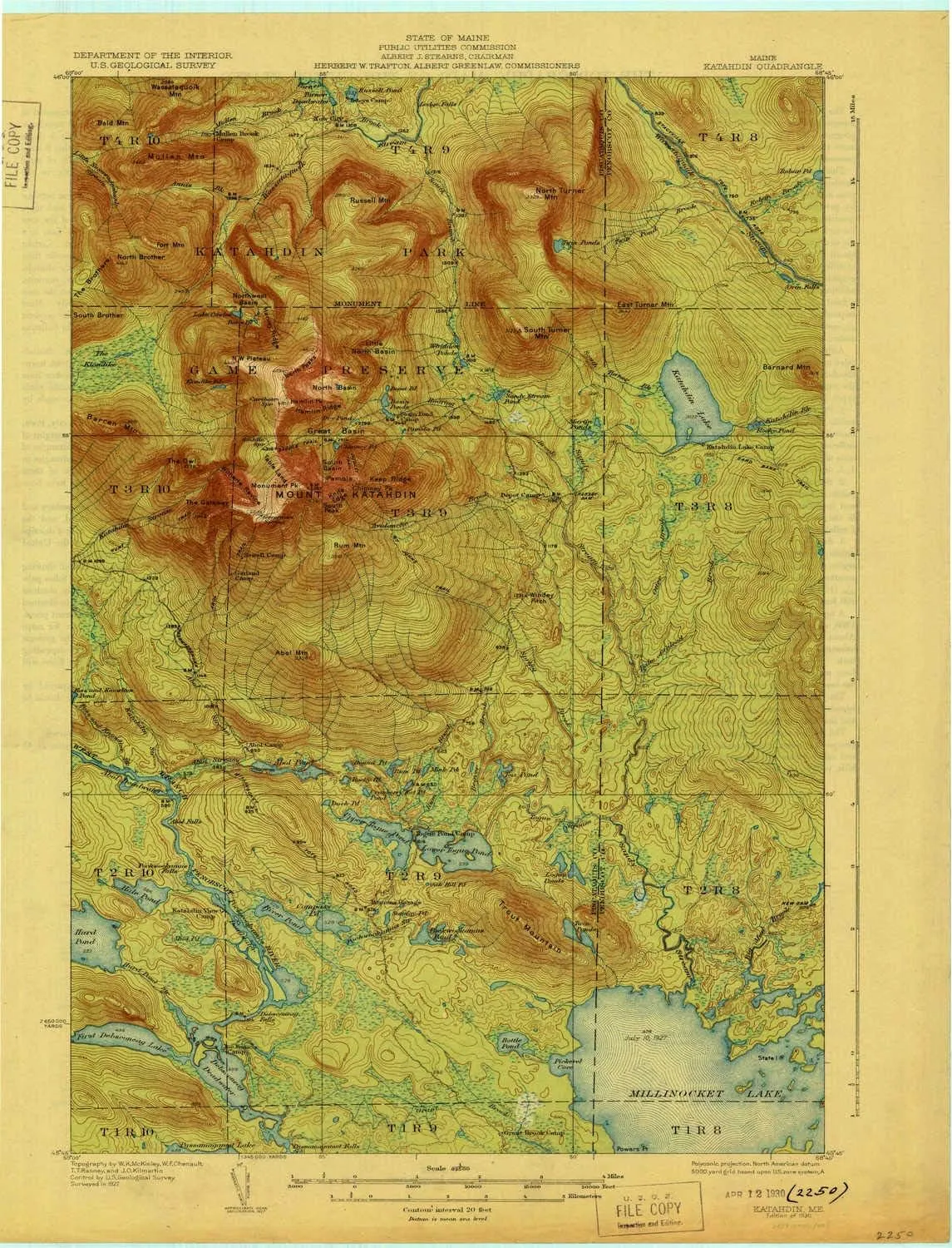 Katahdin ME topo map, 1:62500 Scale, 15 X 15 Minute, Historical, 1930, 20.3 x 15.5 in