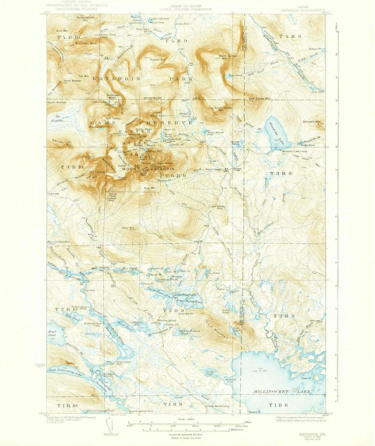 Katahdin ME topo map, 1:62500 Scale, 15 X 15 Minute, Historical, 1930, Updated 1939, 19.8 x 16.5 in