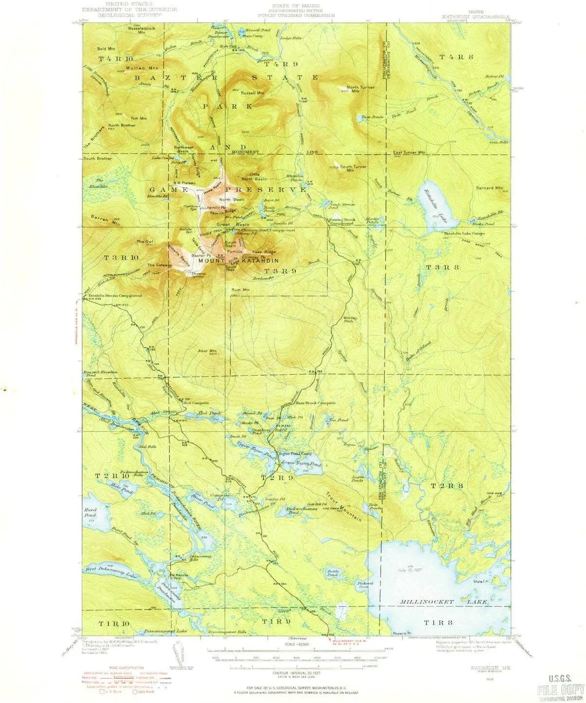 Katahdin ME topo map, 1:62500 Scale, 15 X 15 Minute, Historical, 1949, Updated 1955, 20.9 x 17 in