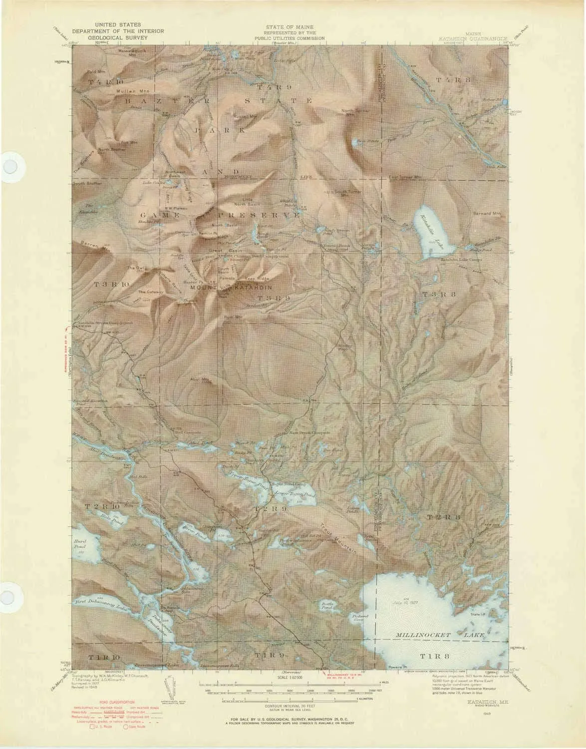 Katahdin ME topo map, 1:62500 Scale, 15 X 15 Minute, Historical, 1949, Updated 1958, 21 x 16.4 in