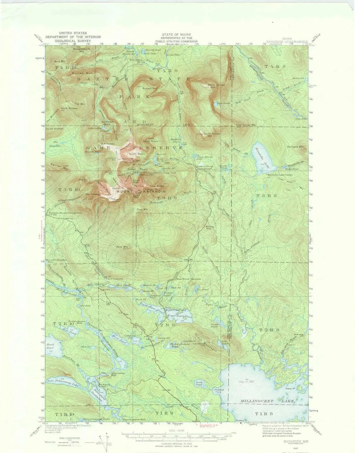 Katahdin ME topo map, 1:62500 Scale, 15 X 15 Minute, Historical, 1949, Updated 1974, 21.1 x 16.5 in