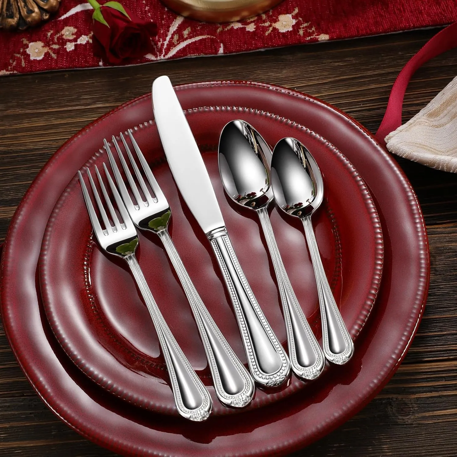 KEAWELL Pearl Edge Premium 20-Piece Refined Bead Silverware Set, 18/10 Stainless Steel, Service for 4, Fine Flatware Set, Dishwasher Safe (20, Silver)