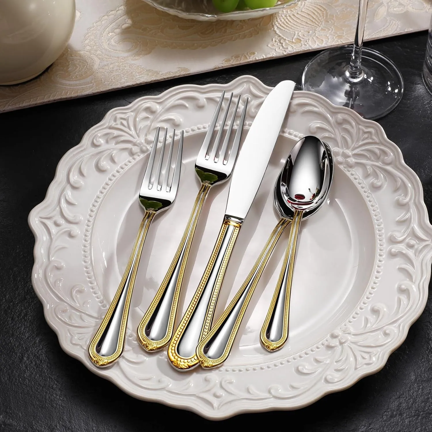 KEAWELL Pearl Edge Premium 65-Piece Refined Bead Silverware Set, 18/10 Stainless Steel, Service for 12, Fine Flatware Set with Serving Utensils, Dishwasher Safe (65, Gold Accent)