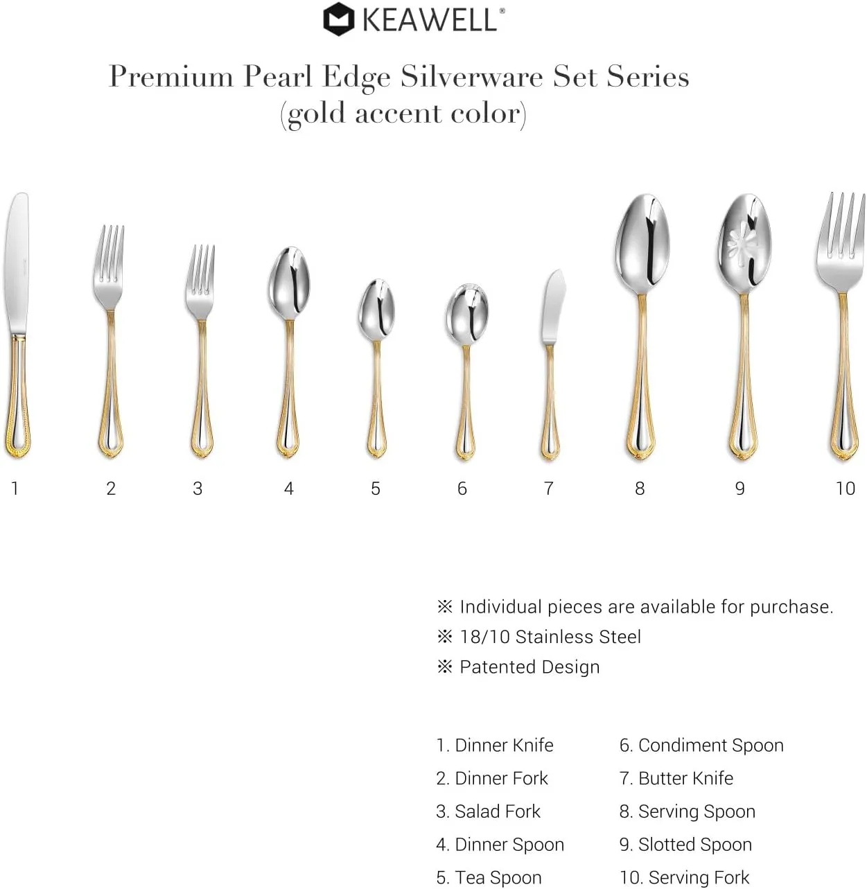 KEAWELL Pearl Edge Premium 65-Piece Refined Bead Silverware Set, 18/10 Stainless Steel, Service for 12, Fine Flatware Set with Serving Utensils, Dishwasher Safe (65, Gold Accent)