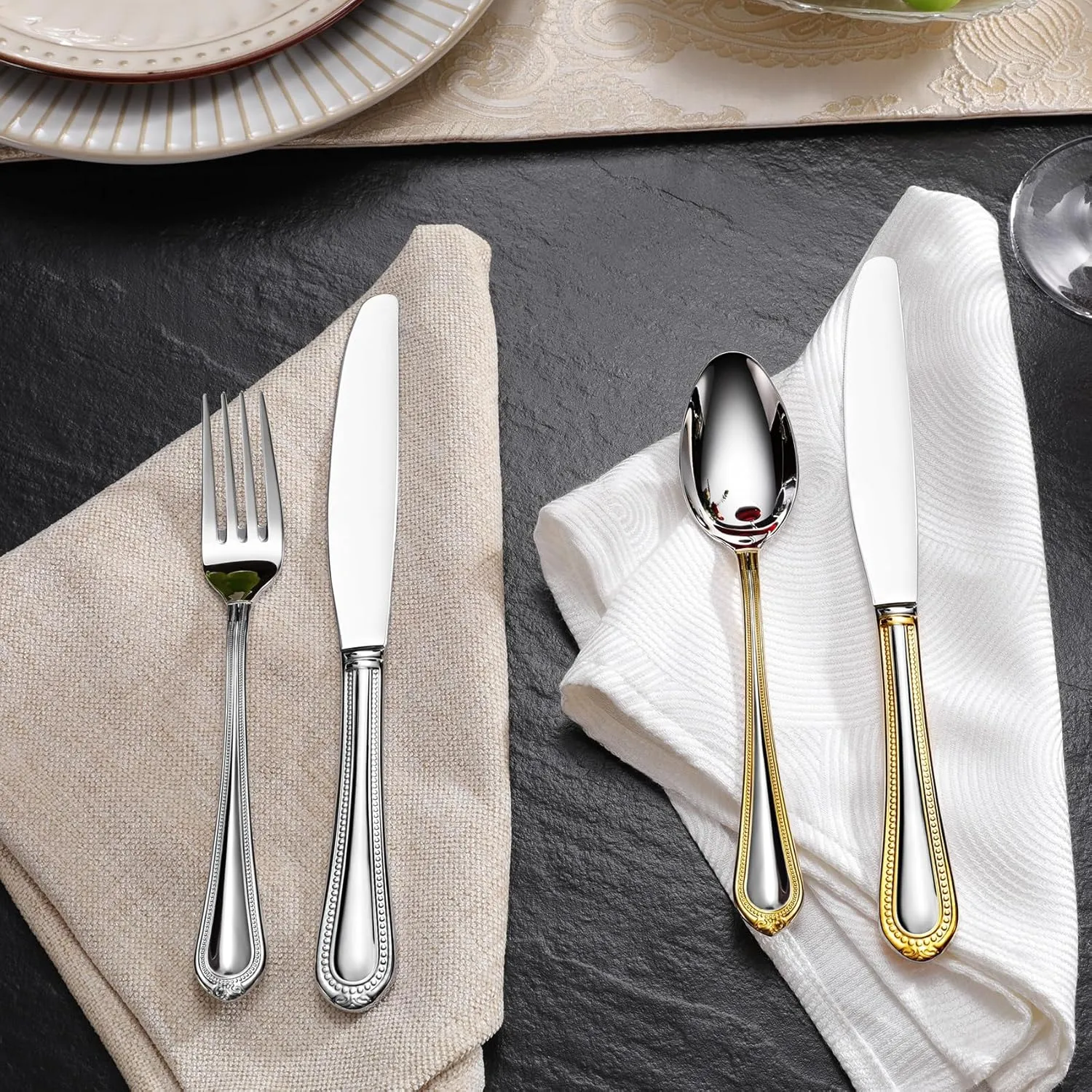KEAWELL Pearl Edge Premium 65-Piece Refined Bead Silverware Set, 18/10 Stainless Steel, Service for 12, Fine Flatware Set with Serving Utensils, Dishwasher Safe (65, Gold Accent)