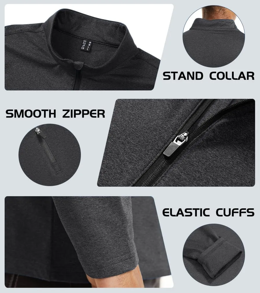 KEFITEVD Men's Athletic Shirts Long Sleeve 1/4 Zip Lightweight Fleece Lined Golf Active Pullover Workout Shirts Sweatshirt