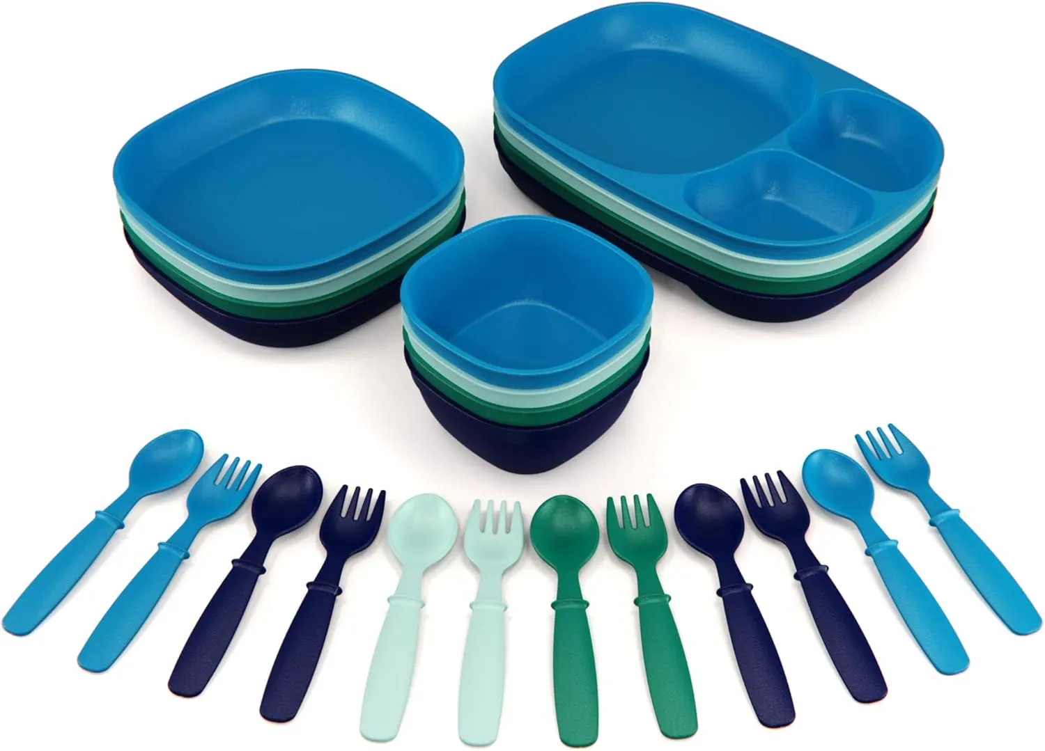 Kid’s Dinnerware Set - 24 Pieces, 4 Place Settings - Tough Tableware for Toddlers - Made in the USA - Dishwasher and Microwave Safe - BPA Free and Shatter Resistant (Ocean)