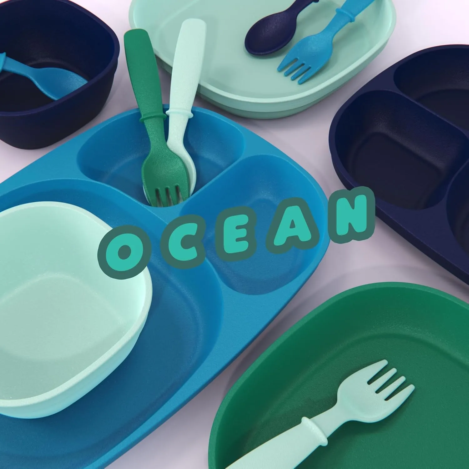 Kid’s Dinnerware Set - 24 Pieces, 4 Place Settings - Tough Tableware for Toddlers - Made in the USA - Dishwasher and Microwave Safe - BPA Free and Shatter Resistant (Ocean)